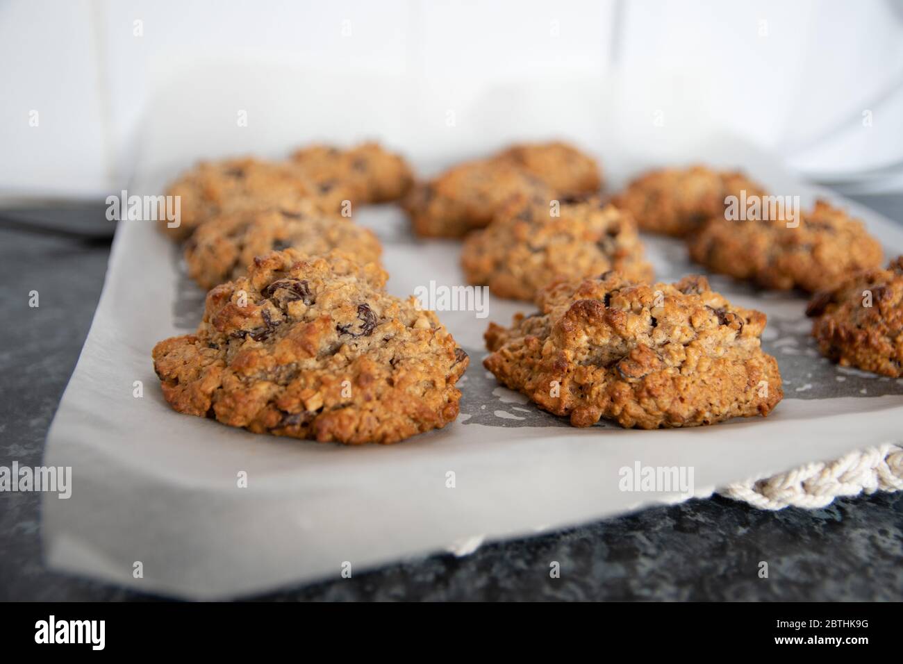 Un lot frais de biscuits d'avoine cuits au four et de biscuits avec raisins secs Banque D'Images