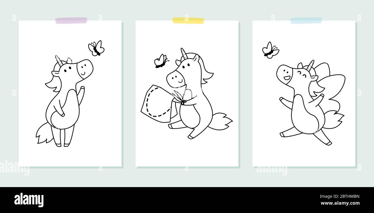 Ensemble vectoriel avec de jolies licornes et papillons dans le style puéril. Illustration vectorielle pour livre de coloriage. Contour noir et blanc pour l'enfant Illustration de Vecteur