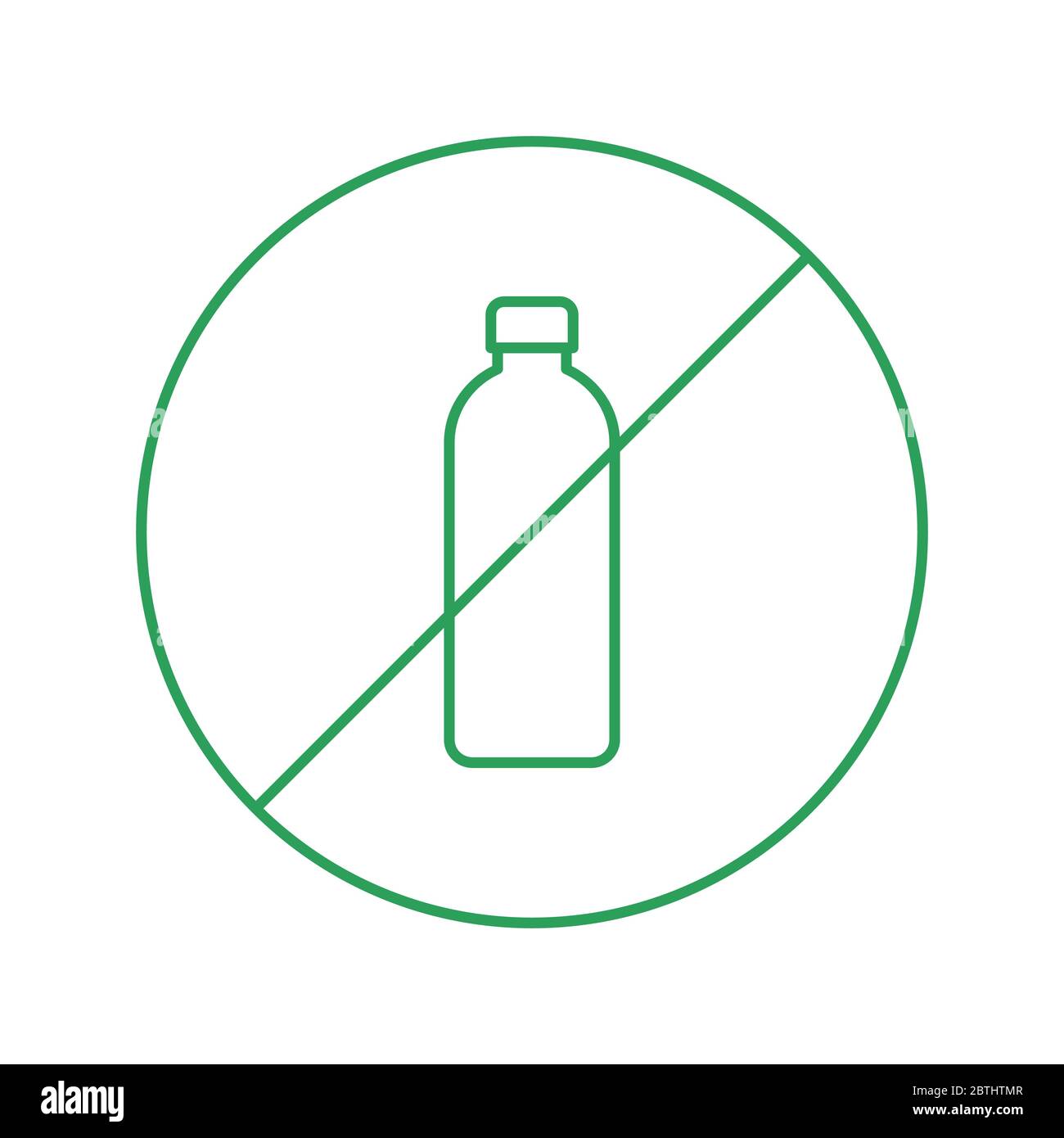 Icône de ligne fine de bouteille en plastique non visible. Panneau d'interdiction de bouteille en plastique. Dire non au concept plastique. Contour vert sur fond blanc. Réduire la pollution plastique. Illustration de Vecteur