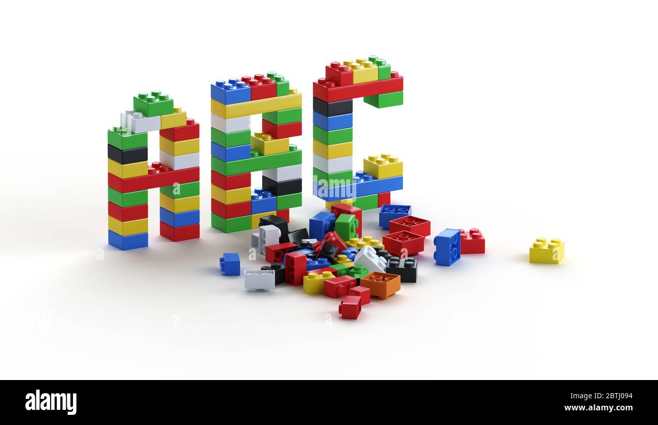 Mot ABC en briques LEGO. Concept d'éducation élémentaire. Image 3D reconstruite. Aucun logo protégé par copyright. Banque D'Images
