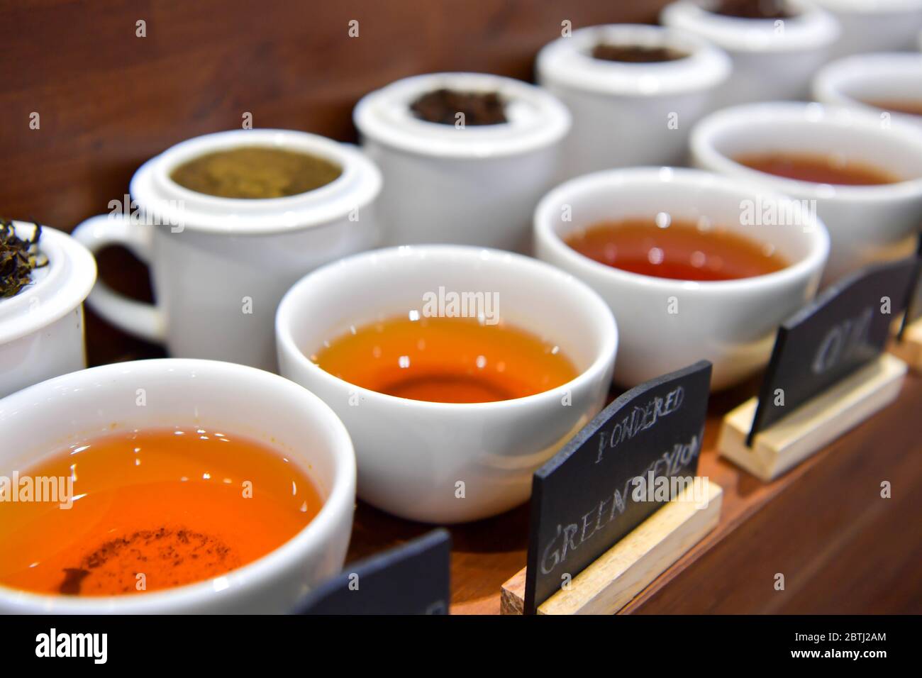 Thé de plantes et fleurs sur la tasse blanche. Banque D'Images