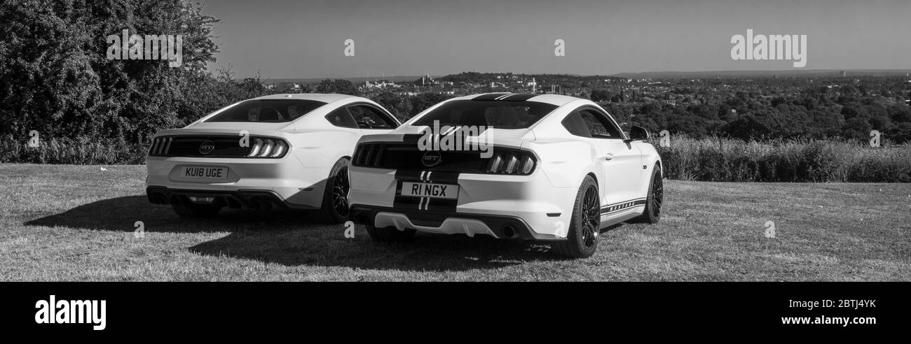 2 cool fast cars, 2 droite européenne Ford Mustang 5 litres V8 GT Fastback voitures Auto Banque D'Images