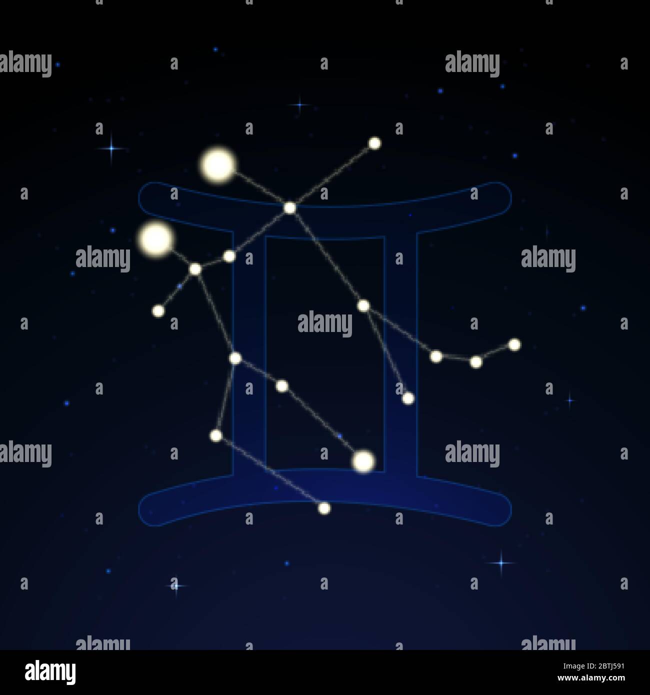 Gemini, les jumeaux célestes. Constellation et signe du zodiaque sur le ciel étoilé. Illustration de Vecteur