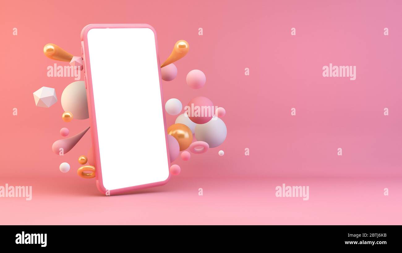 Téléphone blanc rose entouré de formes géométriques et rendu 3d Banque D'Images