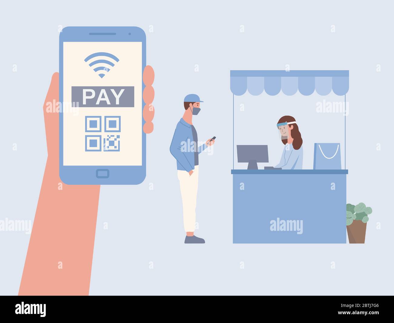 Homme touchant l'écran mobile pour le paiement en scannant le code QR pour payer à la caisse féminine. Nouvelle norme d'achat avec l'application de paiement en ligne. Illustration de Vecteur