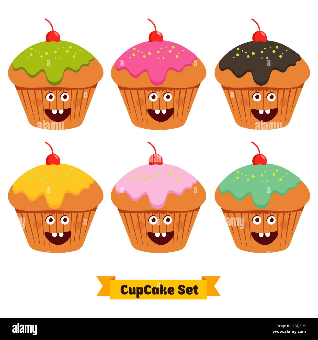Ensemble de smileys de cupcake. Visage des personnages de dessin animé. Collection de vecteurs . Émoticône. Concept de nourriture drôle. Illustration de Vecteur