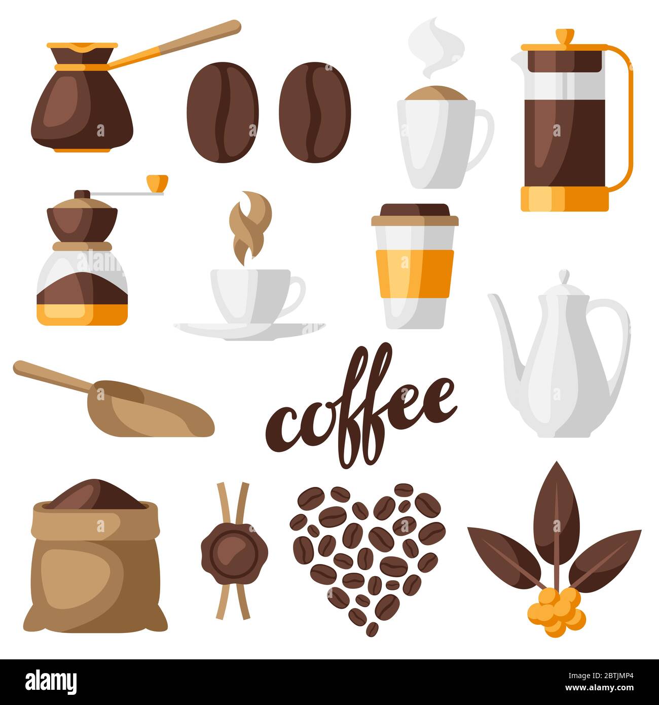 Ensemble d'icônes de café. Illustration des aliments avec les boissons. Illustration de Vecteur