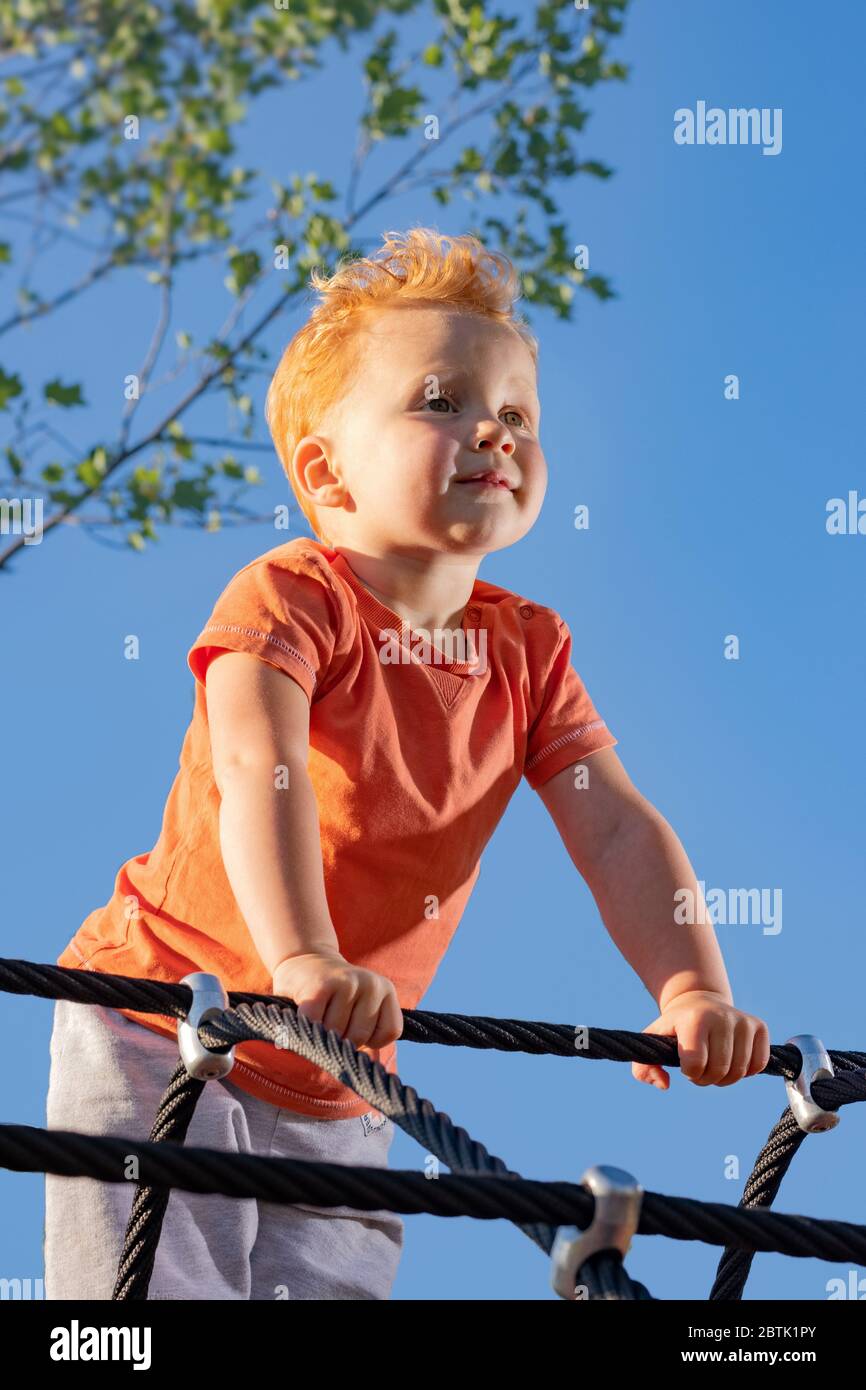 Petit garçon debout sur des cordes dans un terrain de jeu et regardant avec assurance dans la distance. Une nouvelle branche en pleine croissance... Banque D'Images