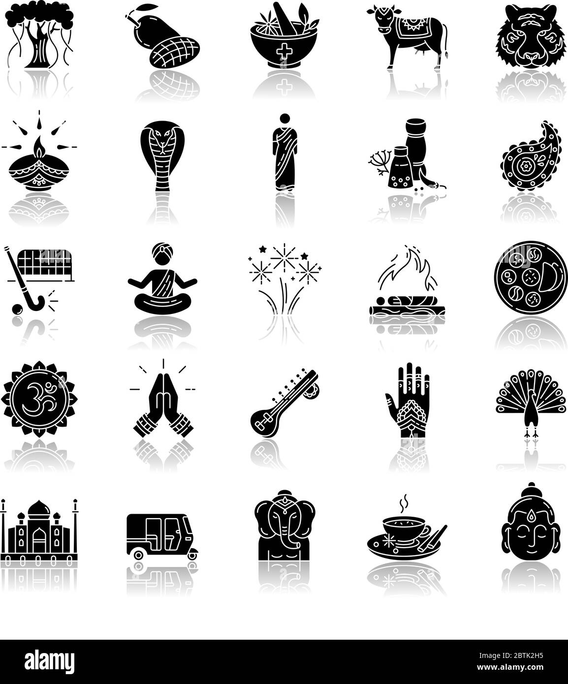 Ensemble d'icônes de glyphes noires à ombre portée de la culture indienne Illustration de Vecteur