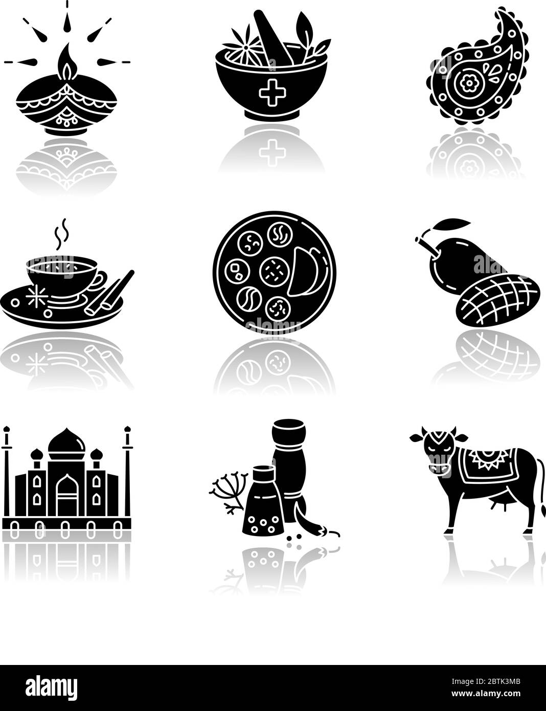 Traditions indiennes ombre portée noir glyphe icônes ensemble Illustration de Vecteur