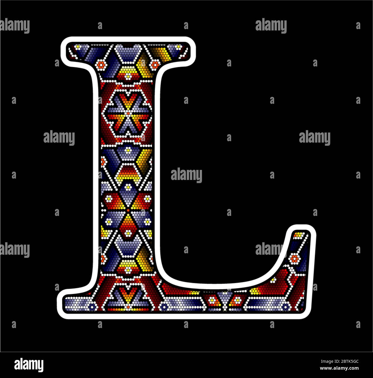 Lettre majuscule initiale L avec points colorés. Design abstrait inspiré du style artisanal mexicain à perles de huichol. Isolé sur fond noir Illustration de Vecteur