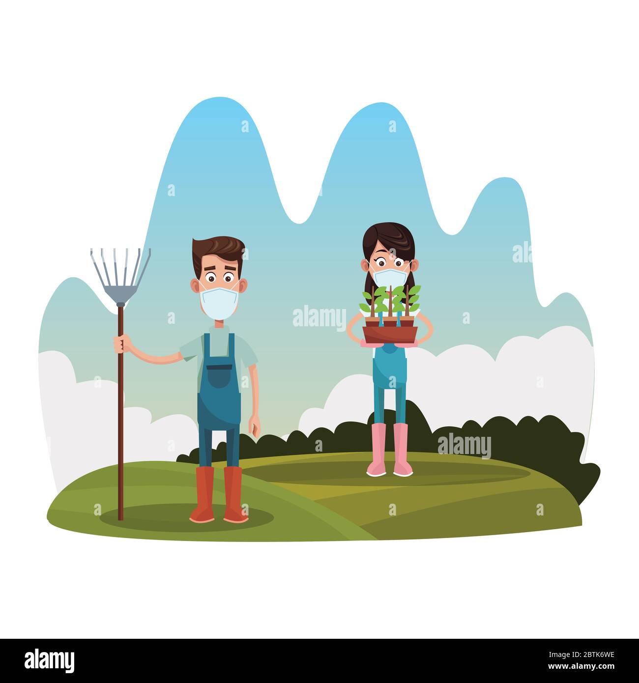 couple d'agriculteurs portant des masques médicaux scène Illustration de Vecteur