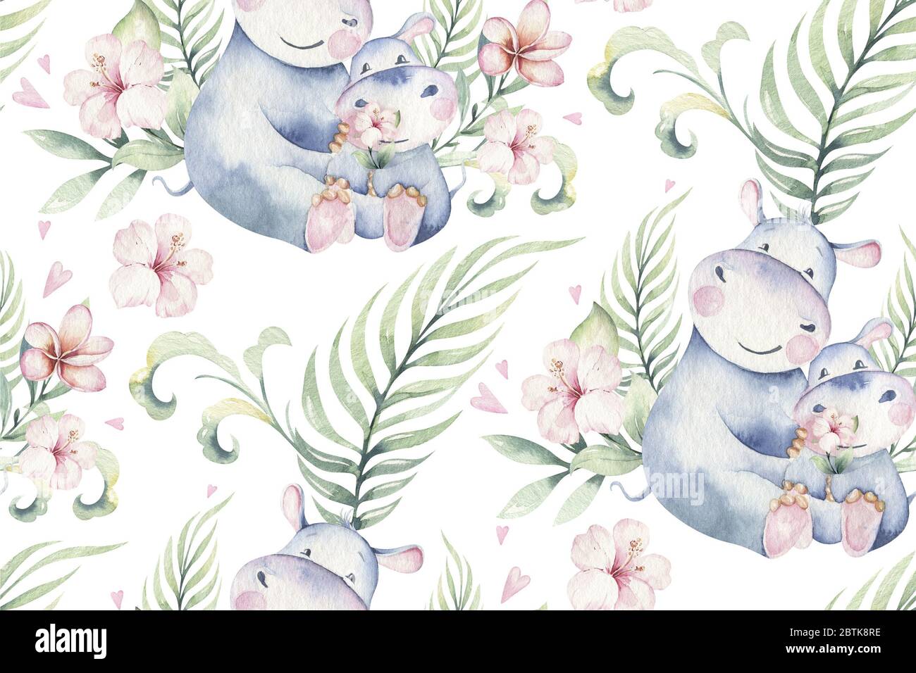 Animaux hippopotames isolés isolés isolés d'été, coupés à la main. Hippopotame dessin animé animal illustrations, arbre de la jungle, brésil Banque D'Images