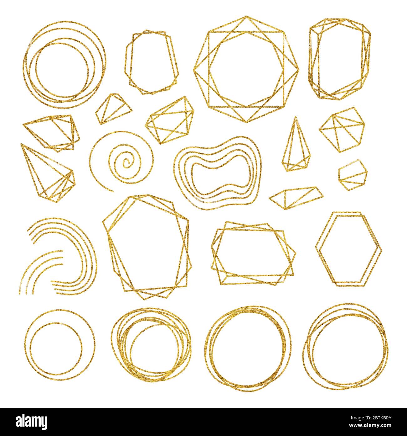 Cadres en cristal géométrique doré avec texture métallisée détaillée. Ensemble de cadres texturés polygonaux ou Art à lignes fines dorées. Style Art déco et moderne. Poussière scintillante Banque D'Images