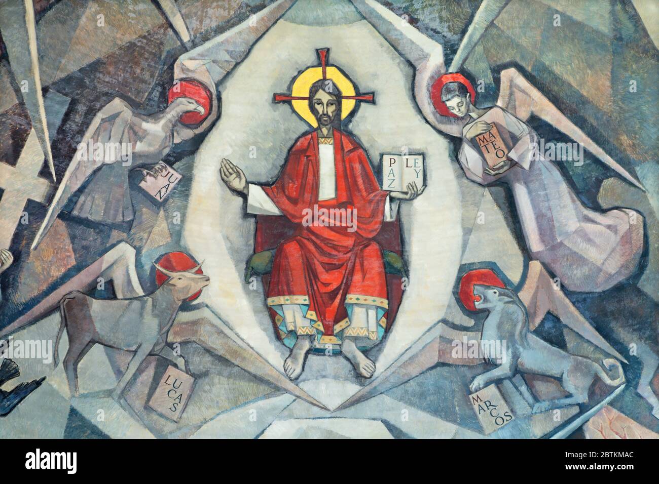 BARCELONE, ESPAGNE - 5 MARS 2020 : la fresque moderne de Jésus parmi les quatre symboles évangélistes de l'église Santuario Maria Auxiliadora. Banque D'Images