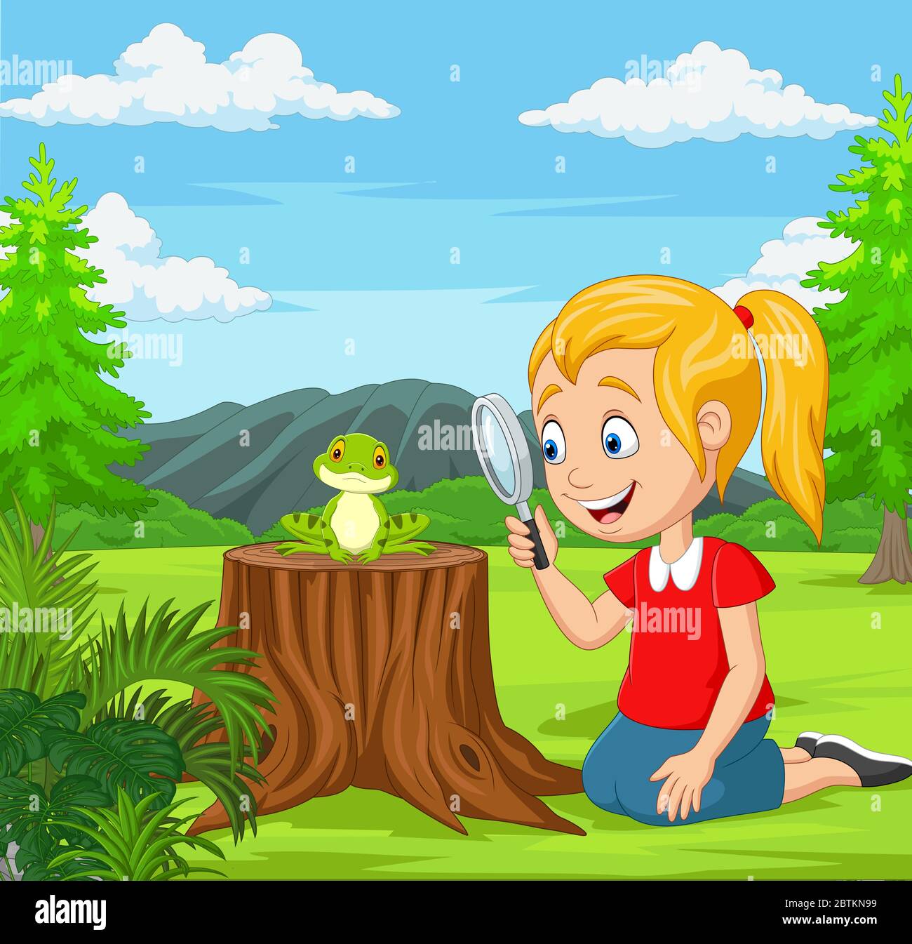 Petite fille regardant la grenouille en utilisant la loupe dans le jardin Illustration de Vecteur