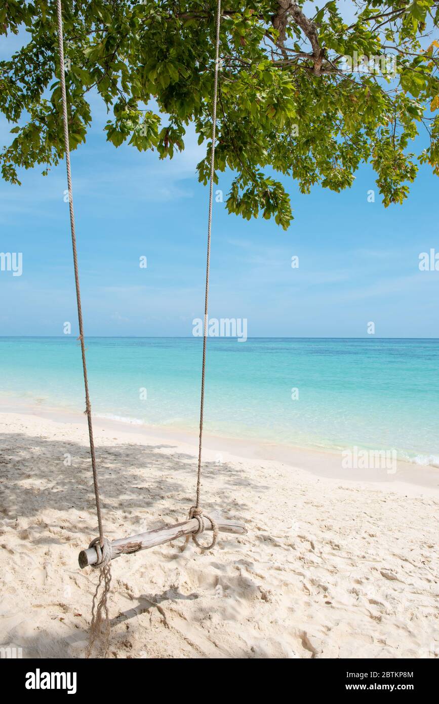 Balancement en bois suspendu sous l'arbre à l'île de Koh Phak Bia, Krabi, Thaïlande. Destination de voyage et environnement de la nature concept , vacances d'été fond. Banque D'Images