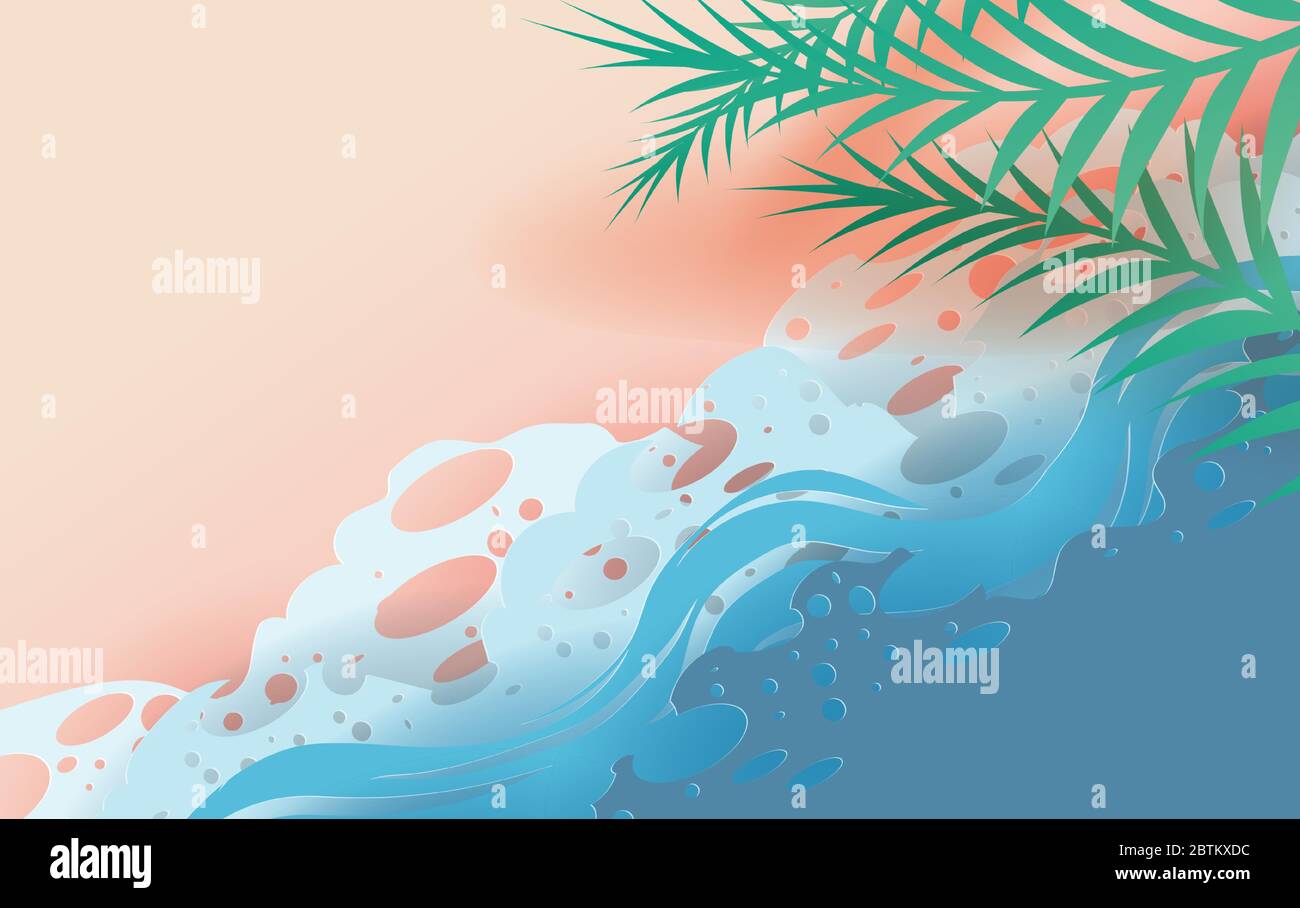 Illustration de la vue du dessus feuille tropicale et vagues de mer sur la plage. L'été saison arrière-plan avec seacoast.Creative design papier art scène lieu FO Illustration de Vecteur