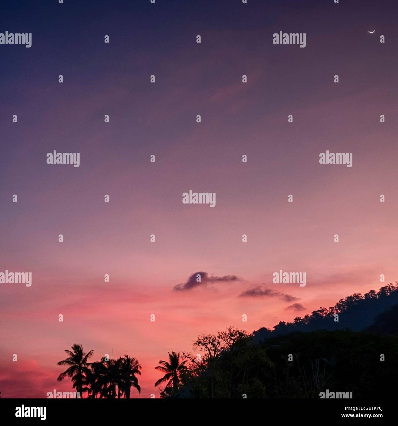 Coucher de soleil à Caracas, prise de la base de la montagne Avila, parc national, avec un sourire de lune sur le cadre Banque D'Images