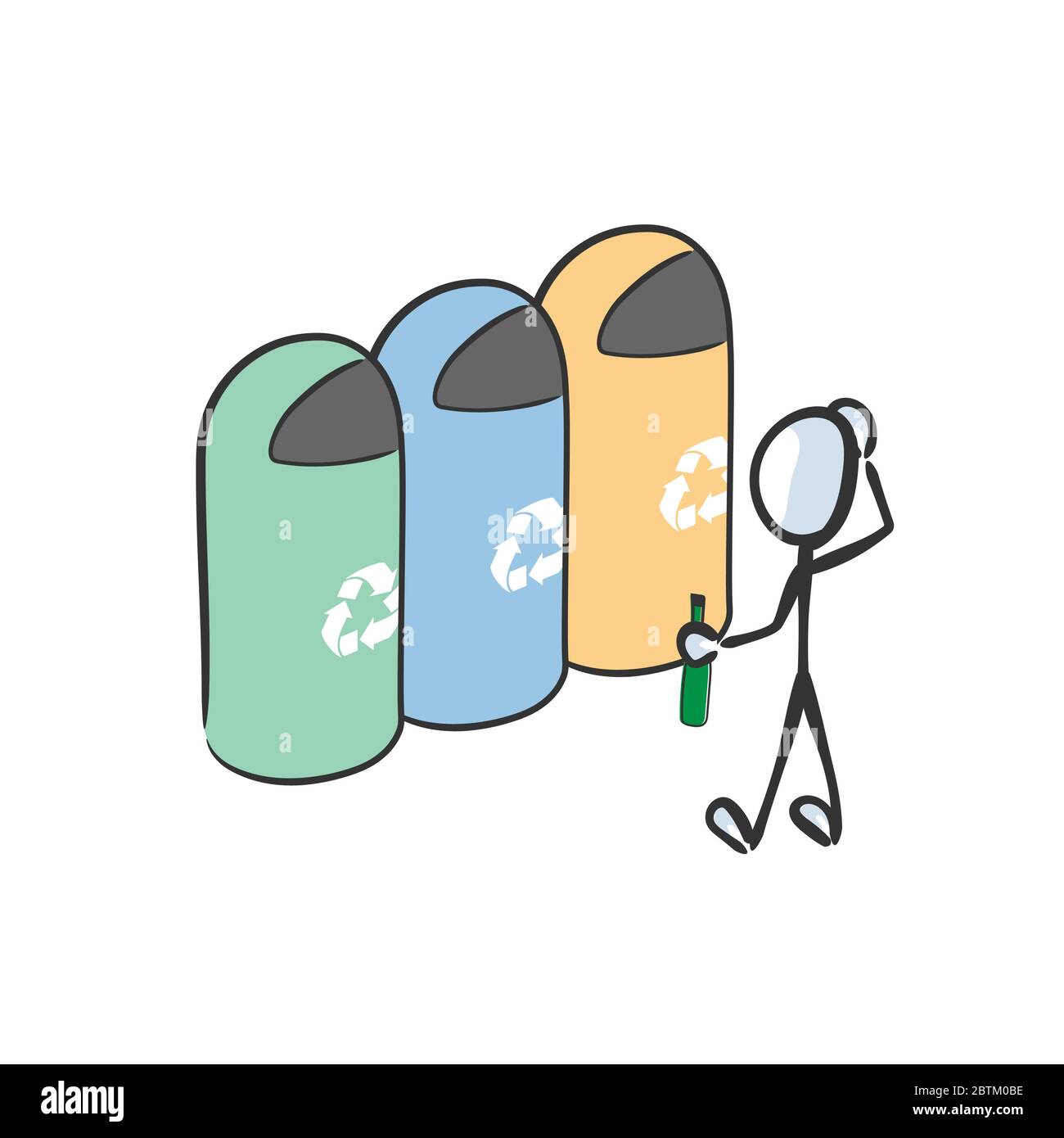 Tri et recyclage des déchets. Poubelle pour papier, verre, plastique et déchets de jardinage. Dessiné à la main. Dessin animé de stickman. Esquisse Doodle, graphique vectoriel Illustration de Vecteur