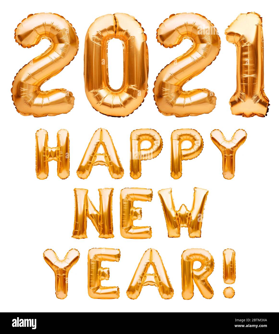 Bonne année 2021 phrase faite de ballons gonflables dorés isolés sur blanc. Ballons d'hélium formant Bonne année 2021 félicitations, feuille Banque D'Images