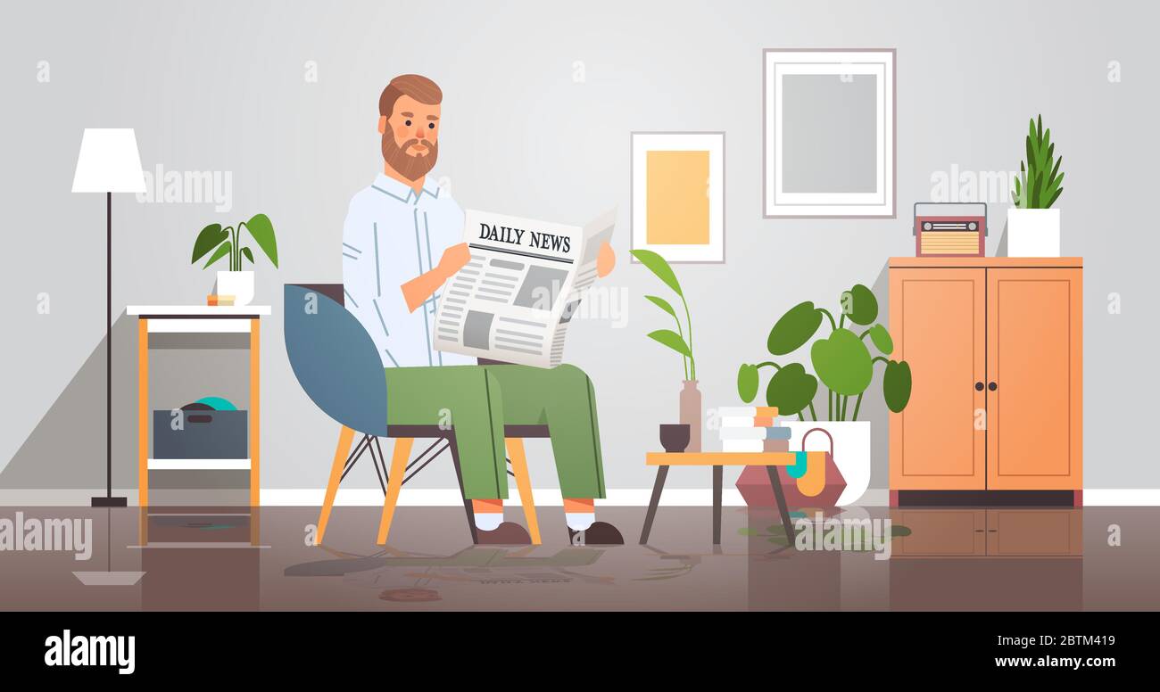 homme tenant un journal lisant les journaux quotidiens presse mass media concept homme d'affaires assis sur un fauteuil salon intérieur horizontal pleine longueur illustration vectorielle Illustration de Vecteur