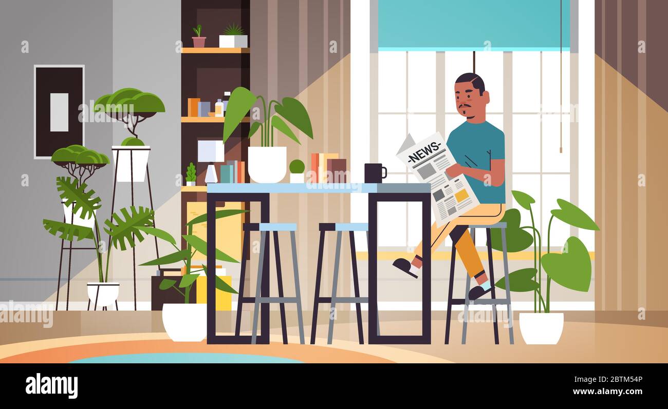 homme tenant un journal lisant les journaux quotidiens presse mass media concept afro-américain gars assis à table salon intérieur horizontal pleine longueur illustration vectorielle Illustration de Vecteur