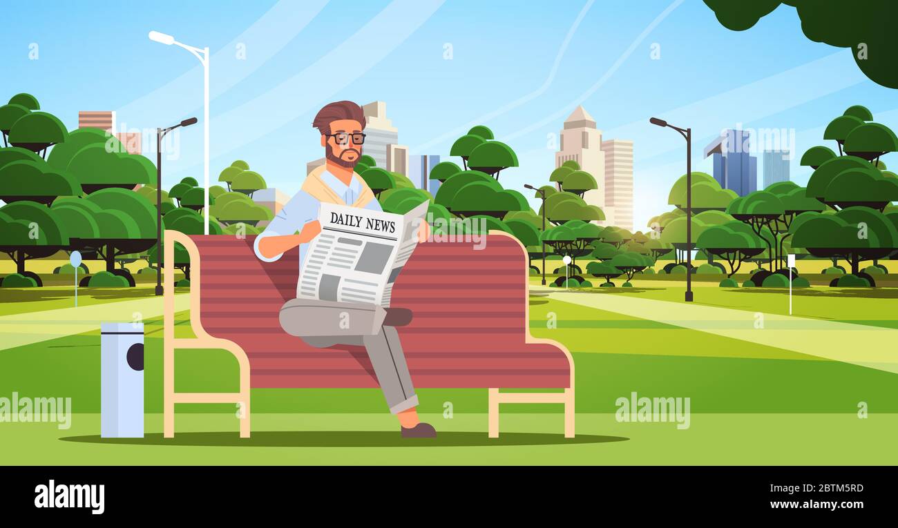 homme d'affaires tenant un journal lisant la presse quotidienne mass media concept homme assis sur un banc en bois dans parc paysage urbain horizontal pleine longueur illustration vectorielle Illustration de Vecteur