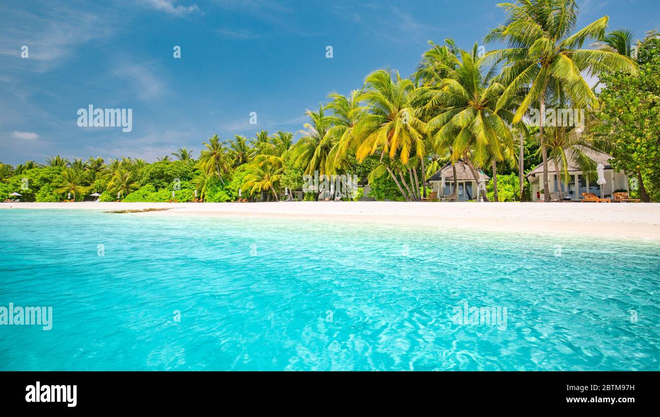 Fond tropical de plage comme paysage d'été avec balançoire de plage ou hamac et sable blanc et mer calme pour la bannière de plage. Des vacances parfaites sur la plage Banque D'Images