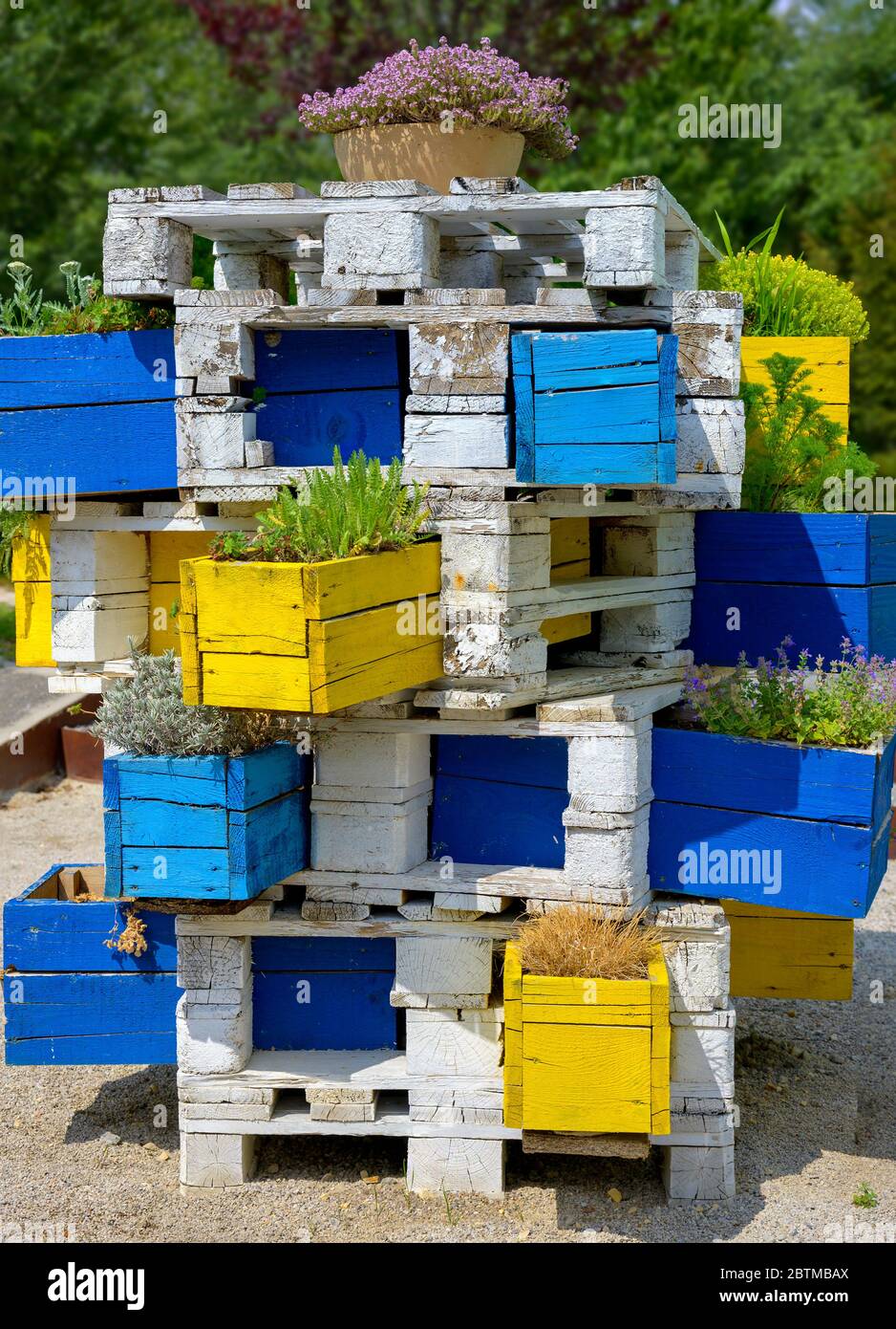 tour faite de palettes de transport peintes en blanc avec quelques plantes vertes dans des caisses en bois Banque D'Images
