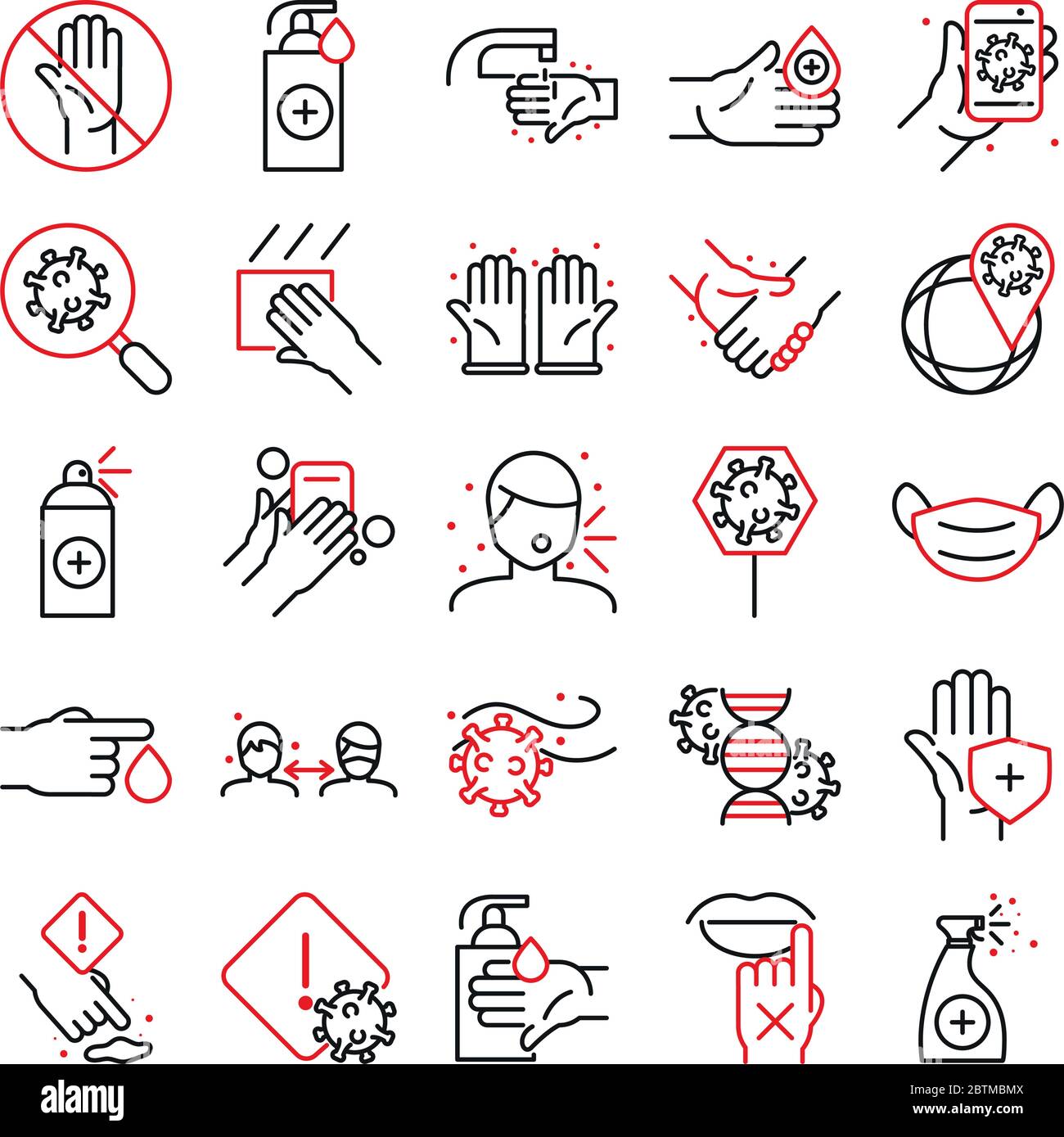 Ligne bicolore style icône ensemble conception de soins médicaux et covid 19 thème du virus illustration vectorielle Illustration de Vecteur