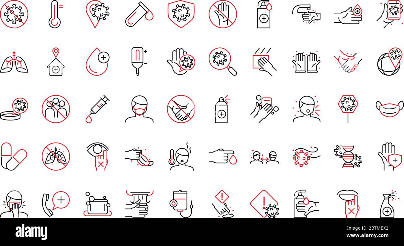 Ligne bicolore style icône ensemble conception de soins médicaux et covid 19 thème du virus illustration vectorielle Illustration de Vecteur