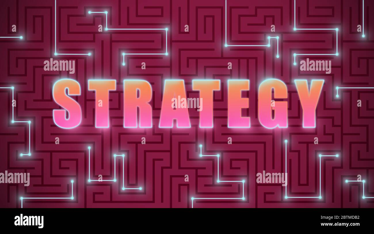 Planification des activités. STRATÉGIE de mot lumineux sur fond violet avec lignes de labyrinthe, illustration. Panorama Banque D'Images