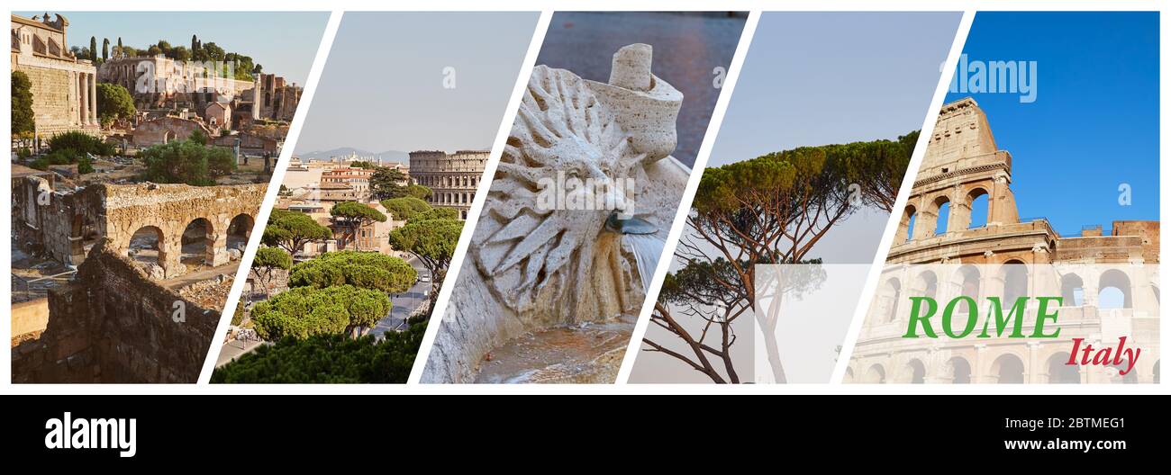 Bannière horizontale avec un collage de 5 images des sites de Rome, Italie Banque D'Images