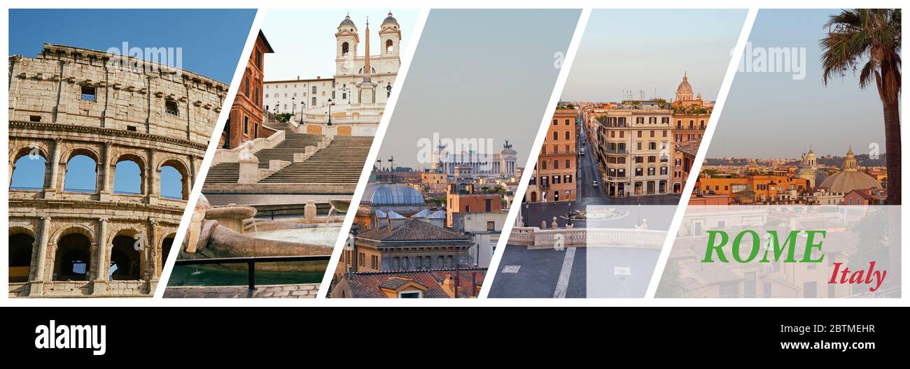 Couverture horizontale pour un article sur le voyage dans un monde avec un collage de 5 images des sites de Rome, Italie Banque D'Images