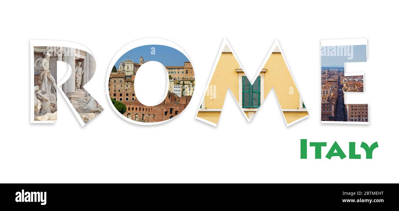 Collage avec mot Rome à partir de photos de divers endroits populaires à Rome, Italie. Bon pour les blogs de voyage, les articles et etc Banque D'Images