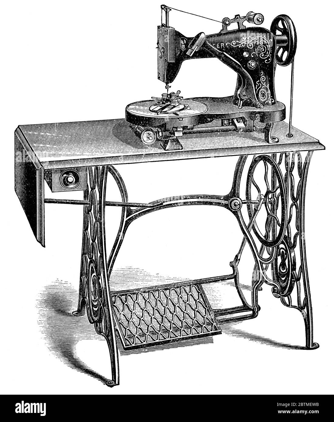 Machine à coudre de boutonnières par Singer. Illustration du XIXe siècle. Fond blanc. Banque D'Images