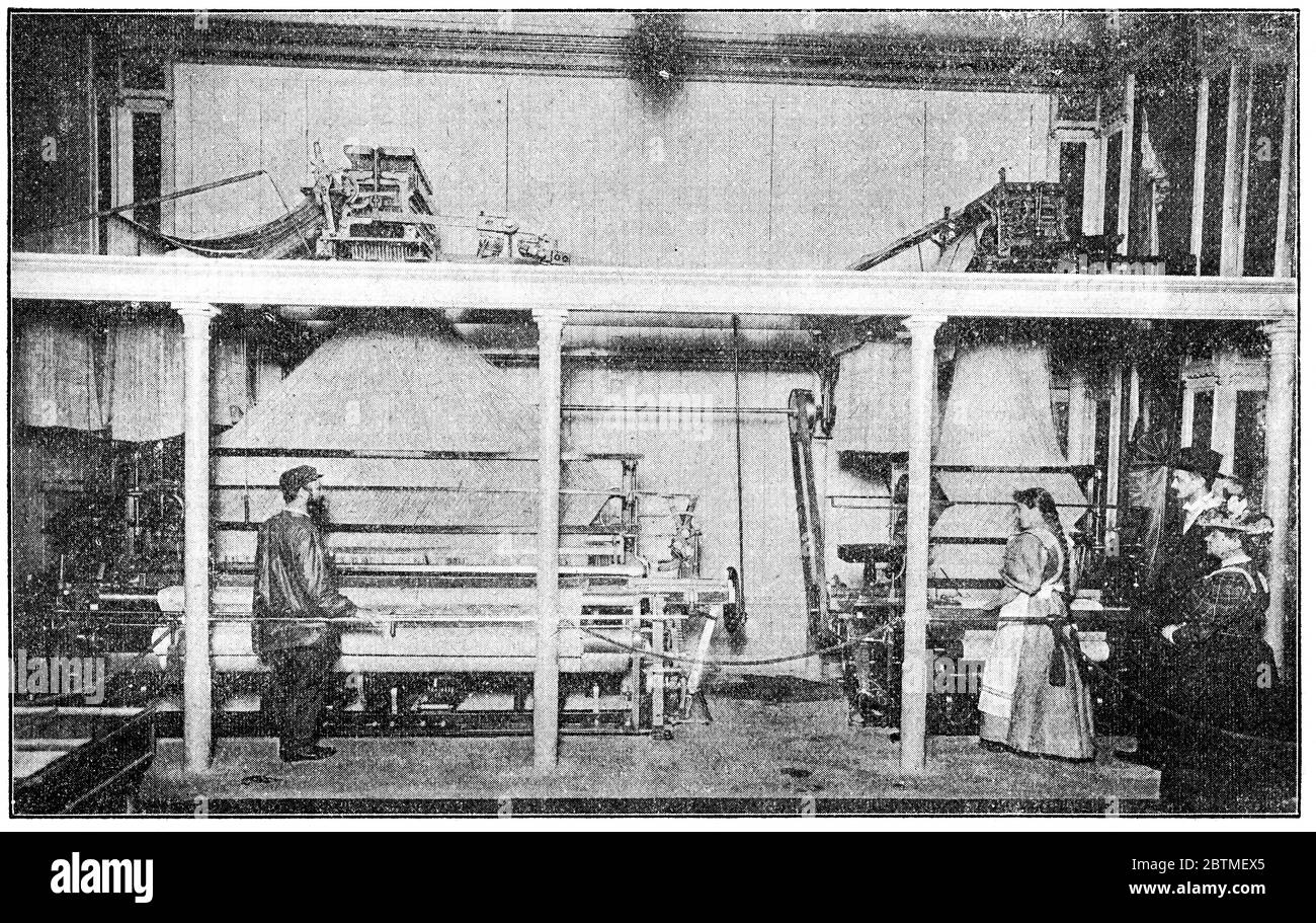 Atelier de tissage d'échantillon (1898). Illustration du XIXe siècle. Fond blanc. Banque D'Images