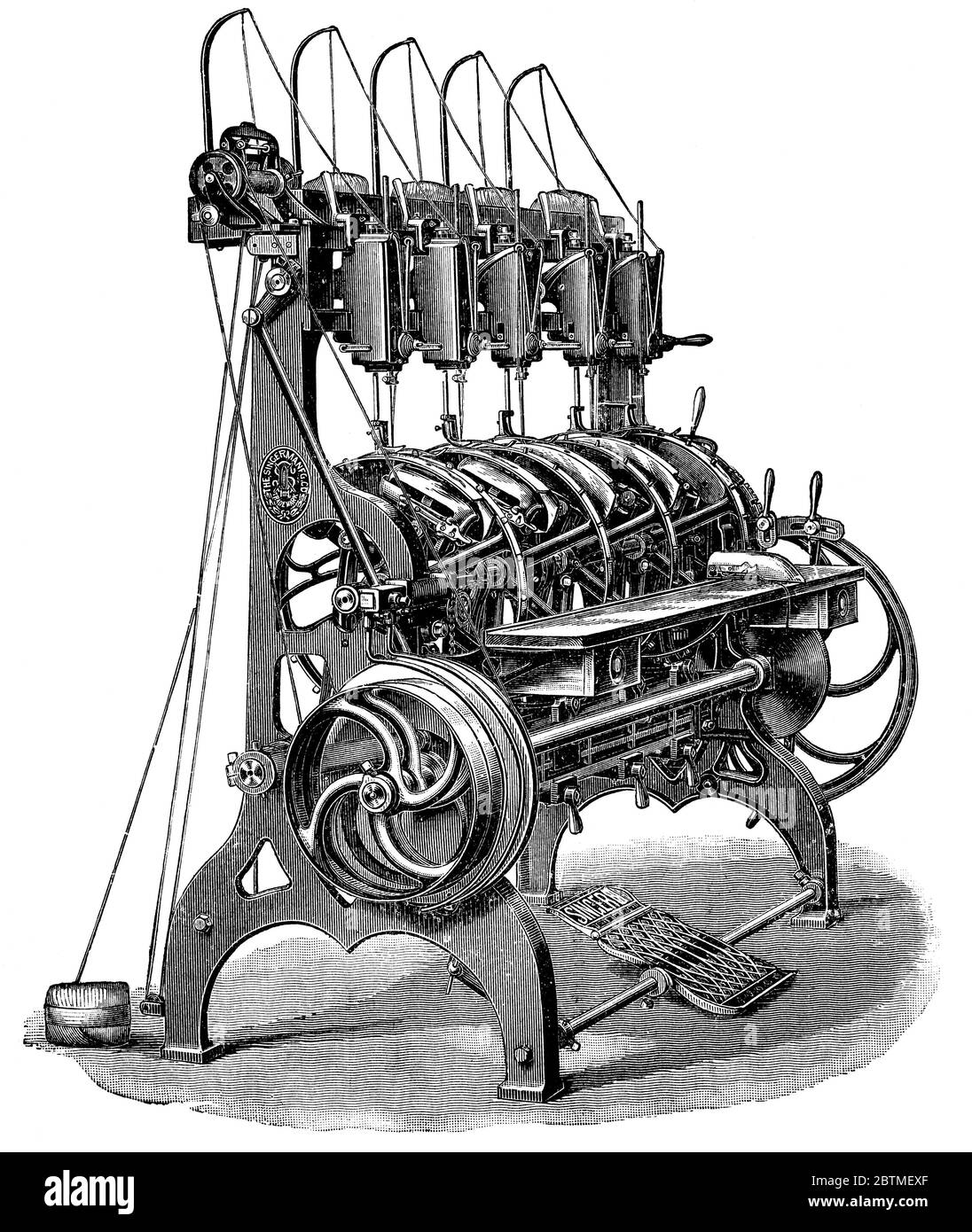 Machine Jacquard par Singer. Illustration du XIXe siècle. Fond blanc. Banque D'Images