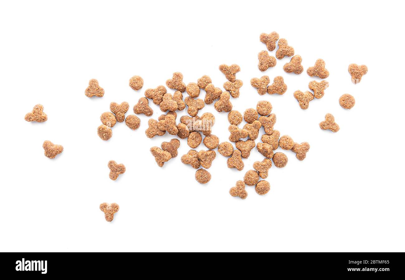 Nourriture pour animaux de compagnie pour chats ou chiens isolés sur fond blanc, vue de dessus Banque D'Images