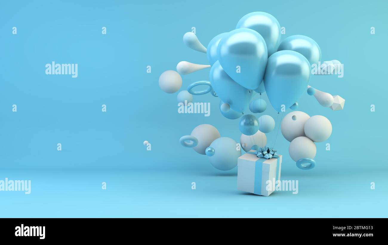 Cadeau bleu avec bulles entourées de formes géométriques et rendu 3d Banque D'Images