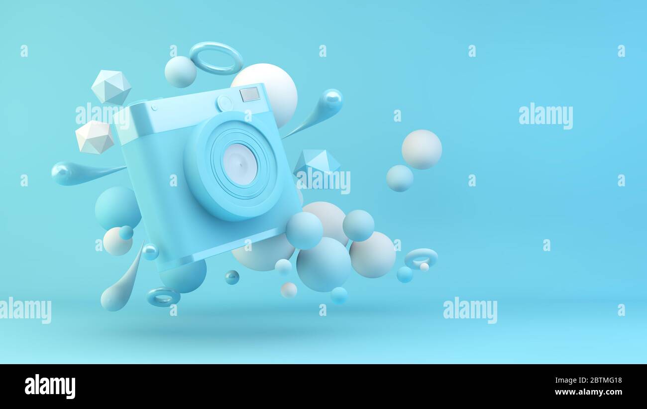 Caméra bleue entourée de formes géométriques et de rendu 3d Banque D'Images