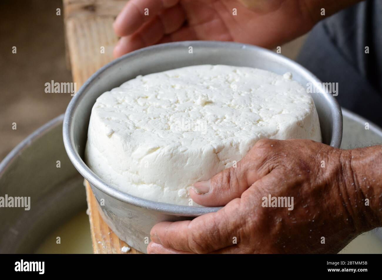 Après avoir suivi le processus de production du fromage, le berger commence à façonner le produit final Banque D'Images