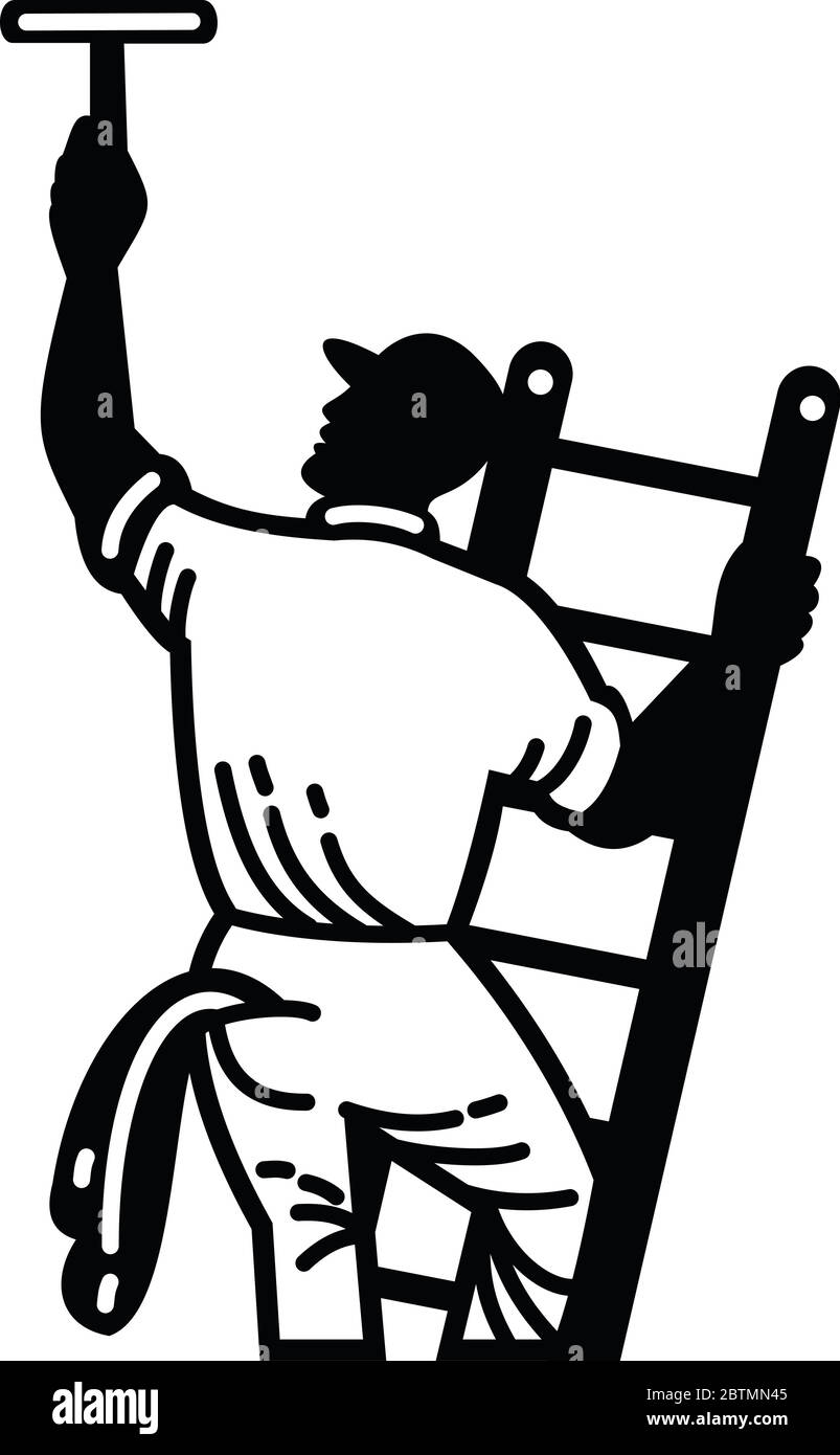 Illustration d'un nettoyant pour vitres nettoyant sur échelle avec raclette vue de l'arrière sur fond blanc isolé réalisé en noir et blanc rétro Illustration de Vecteur