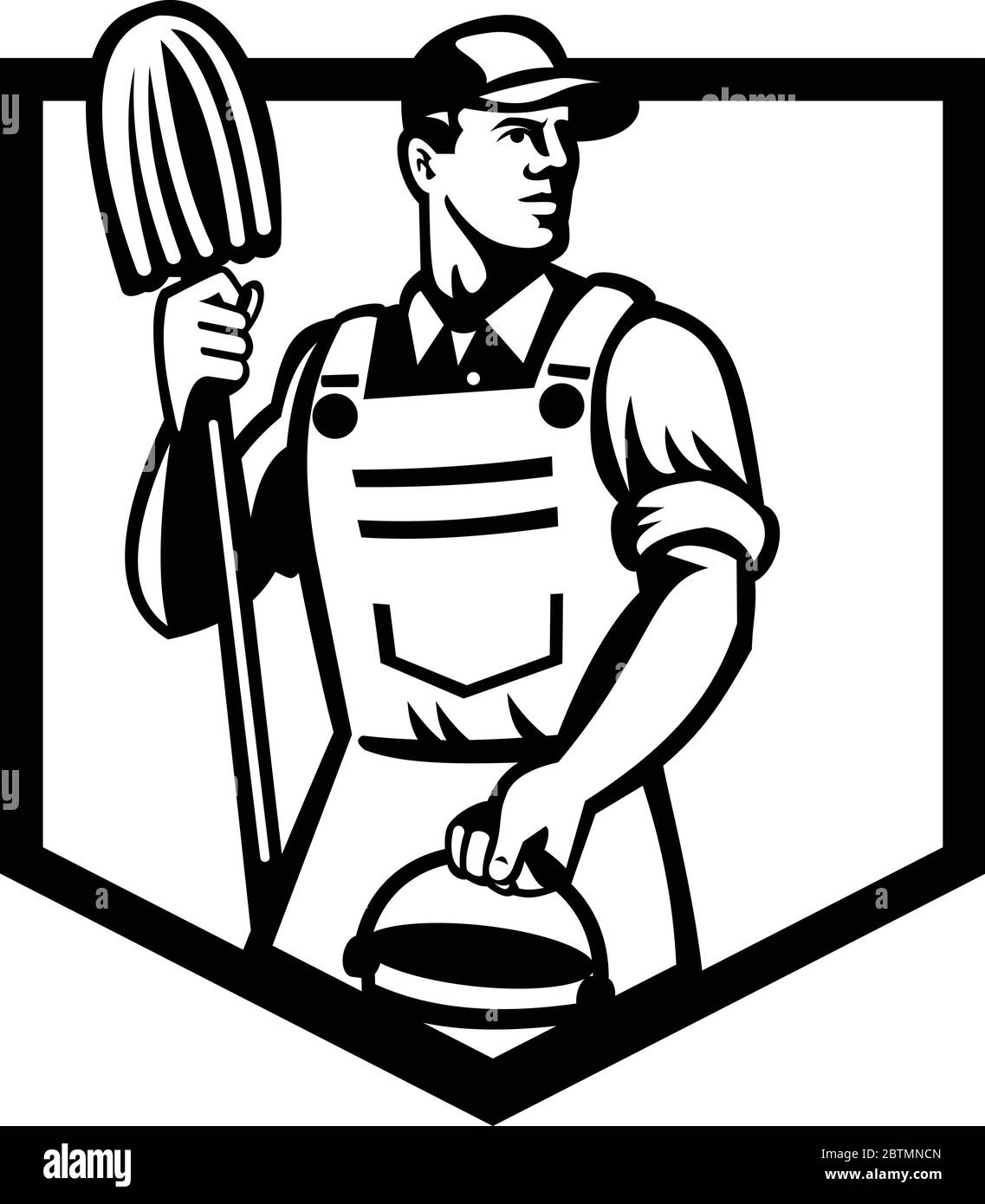 Illustration d'un ouvrier de nettoyage de concierge tenant une vadrouille et un seau d'eau vu de l'angle bas à l'intérieur de la protection fait dans le style rétro noir et blanc Illustration de Vecteur