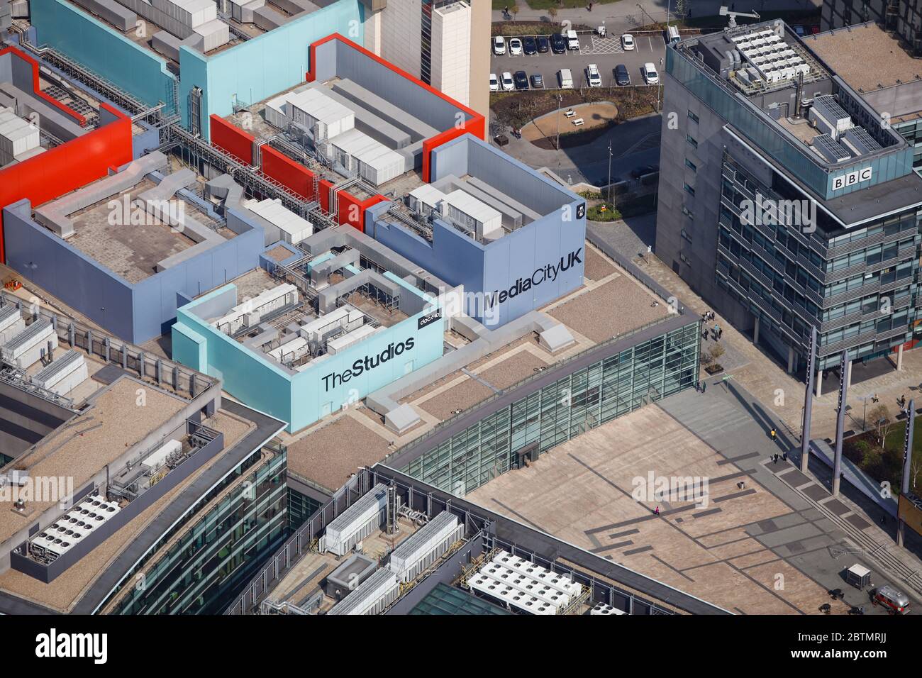 Vue aérienne de MediaCity Royaume-Uni à Salford, Manchester, Royaume-Uni Banque D'Images