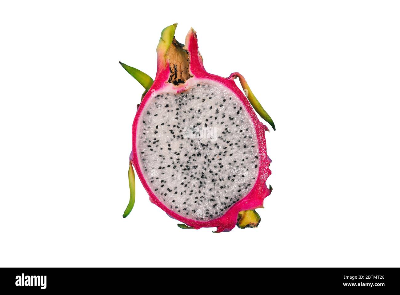 Couper Pitaya avec des graines, isolées sur un fond blanc. C'est un fruit délicieux. Vue de dessus d'une mise en page à plat. Banque D'Images