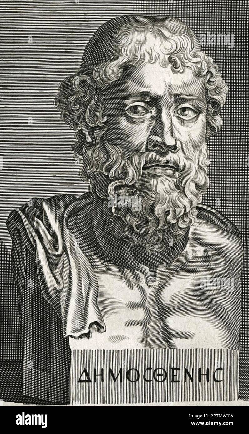DEMOSTHENES (384-322 av. J.-C.) homme d'État grec et orateur dans la gravure du XVIIIe siècle Banque D'Images