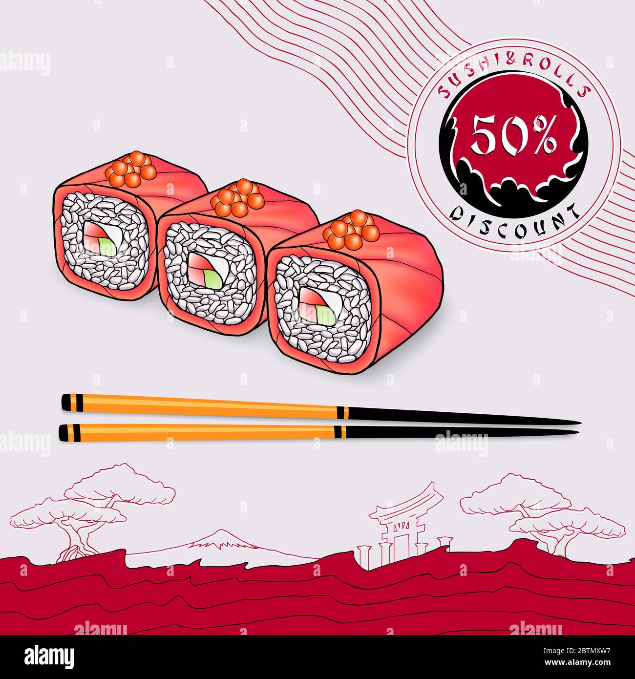 coupon de réduction pour la circulaire rouleaux japonais emballés dans du saumon avec caviar rouge sur une assiette gris clair avec baguettes Banque D'Images