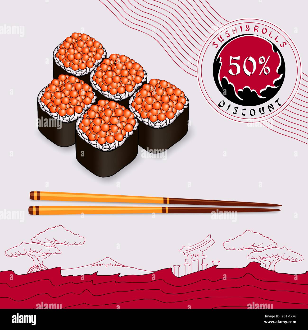 coupon de réduction pour les circulaires japonaises caviar rouge avec riz enveloppé dans des algues sur une assiette gris clair avec des baguettes Banque D'Images